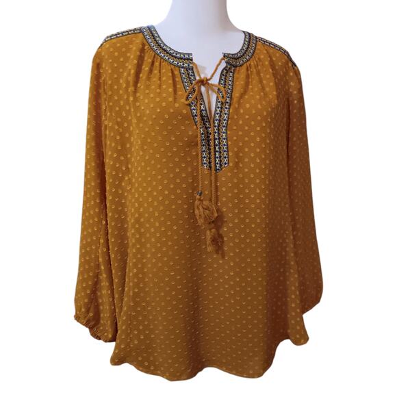 DR2 Blouse Peasant Top XL Flowy Artsy Boho Embroidery Golden Career Office Event - Picture 6 of 13